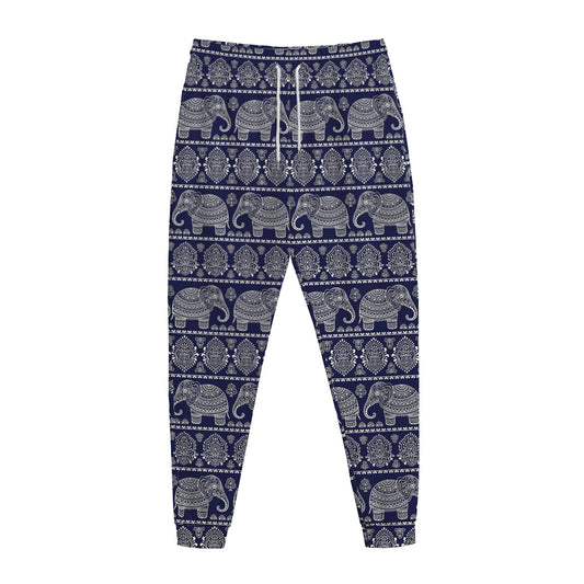 White And Blue Indian Elephant Print Jogger Pants