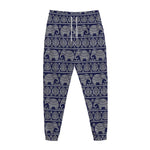 White And Blue Indian Elephant Print Jogger Pants