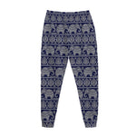 White And Blue Indian Elephant Print Jogger Pants