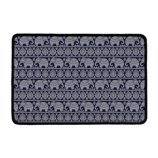 White And Blue Indian Elephant Print Kitchen Mat