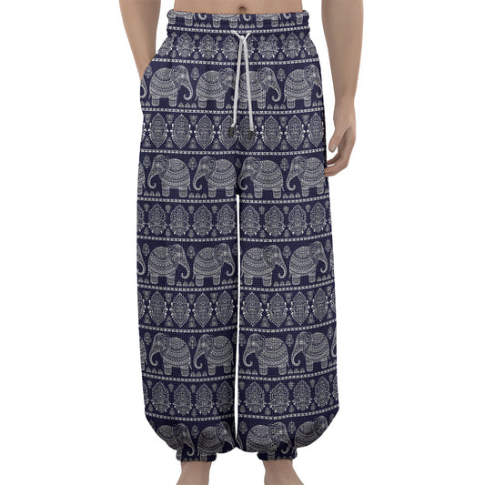 White And Blue Indian Elephant Print Lantern Pants