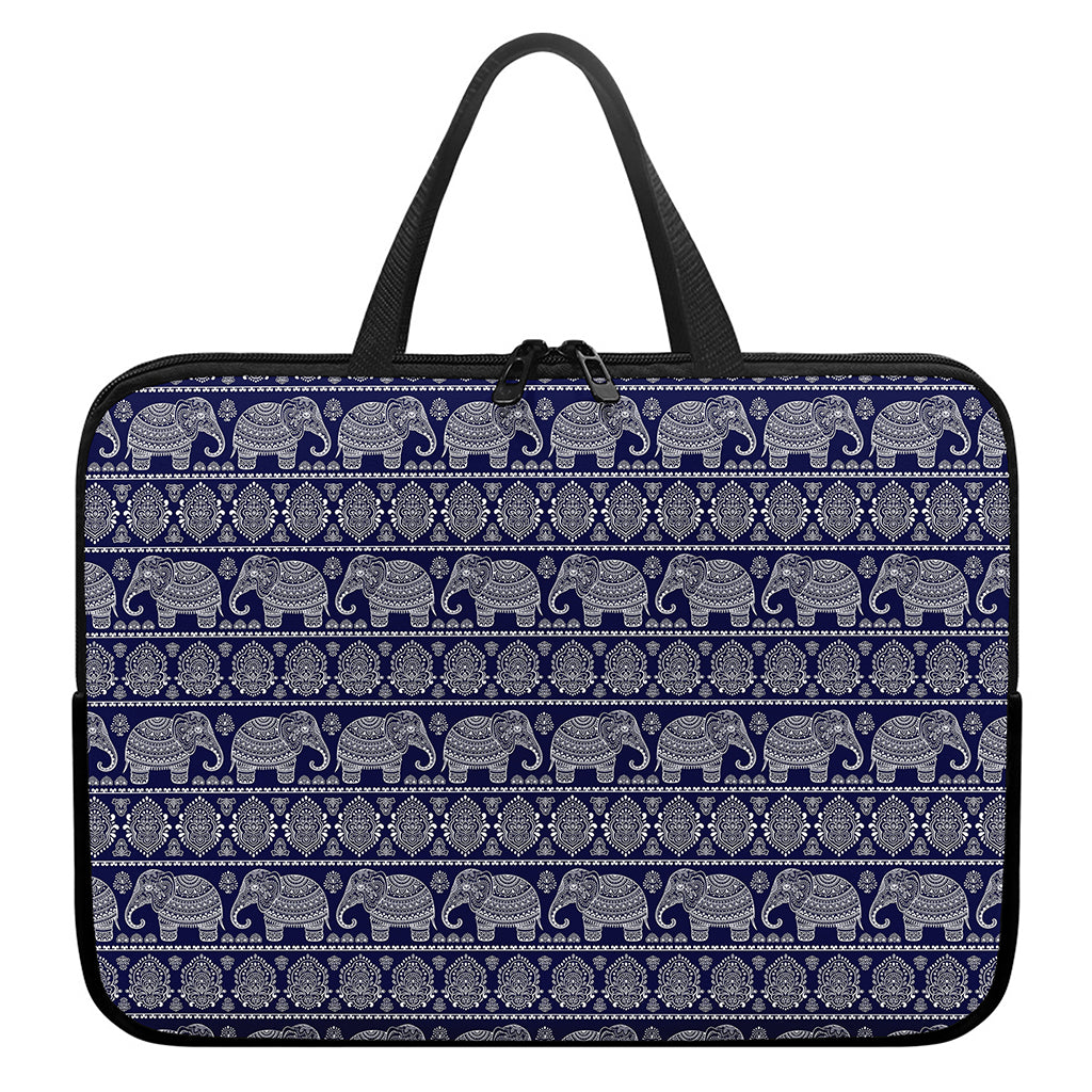 White And Blue Indian Elephant Print Laptop Sleeve With Handle