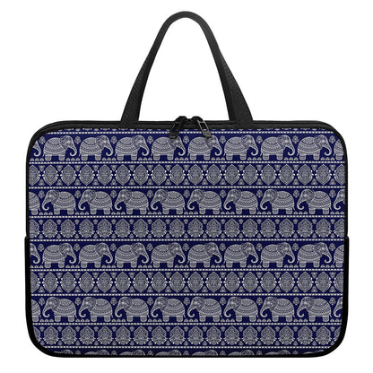 White And Blue Indian Elephant Print Laptop Sleeve With Handle
