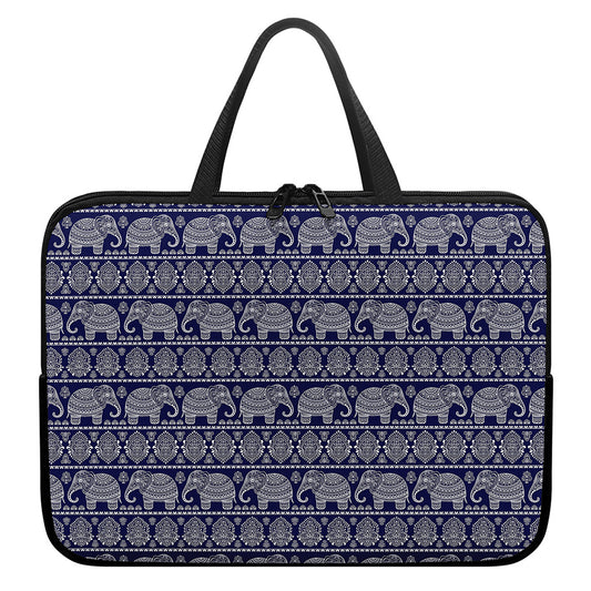 White And Blue Indian Elephant Print Laptop Sleeve With Handle