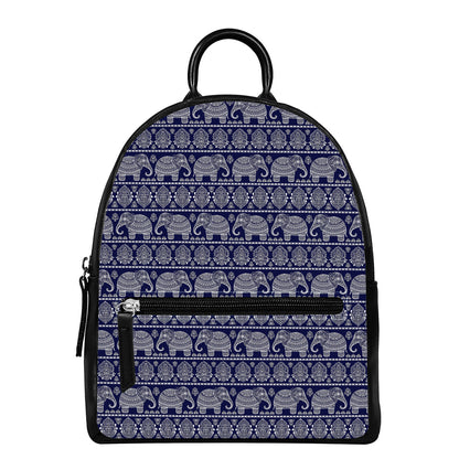 White And Blue Indian Elephant Print Leather Backpack