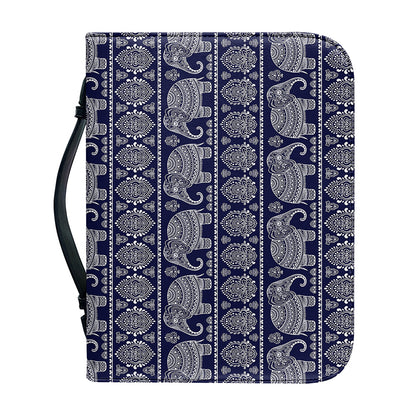 White And Blue Indian Elephant Print Leather Bible Cover