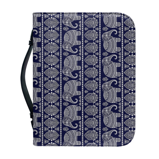 White And Blue Indian Elephant Print Leather Bible Cover