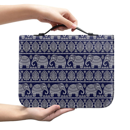 White And Blue Indian Elephant Print Leather Bible Cover