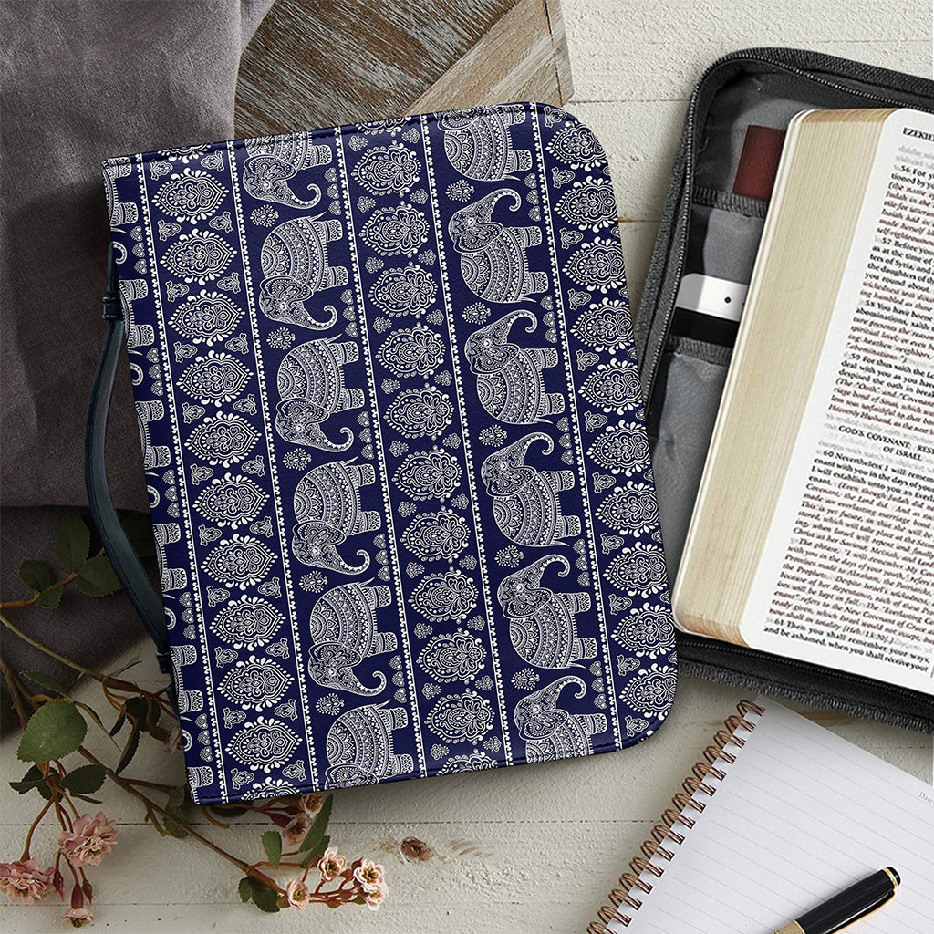 White And Blue Indian Elephant Print Leather Bible Cover