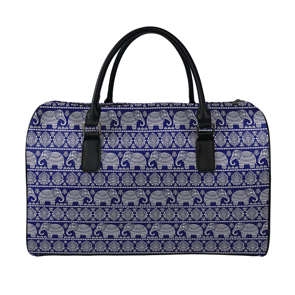 White And Blue Indian Elephant Print Leather Duffle Bag