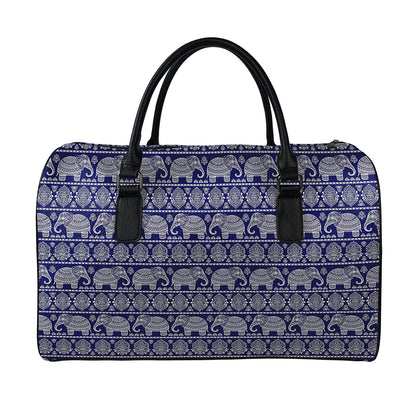 White And Blue Indian Elephant Print Leather Duffle Bag