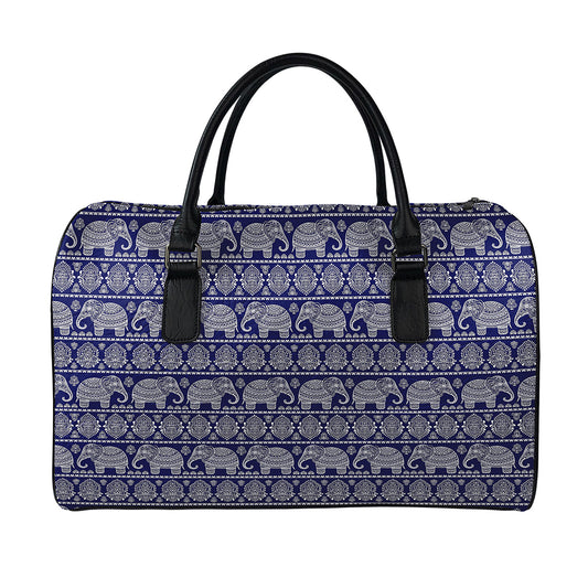 White And Blue Indian Elephant Print Leather Duffle Bag