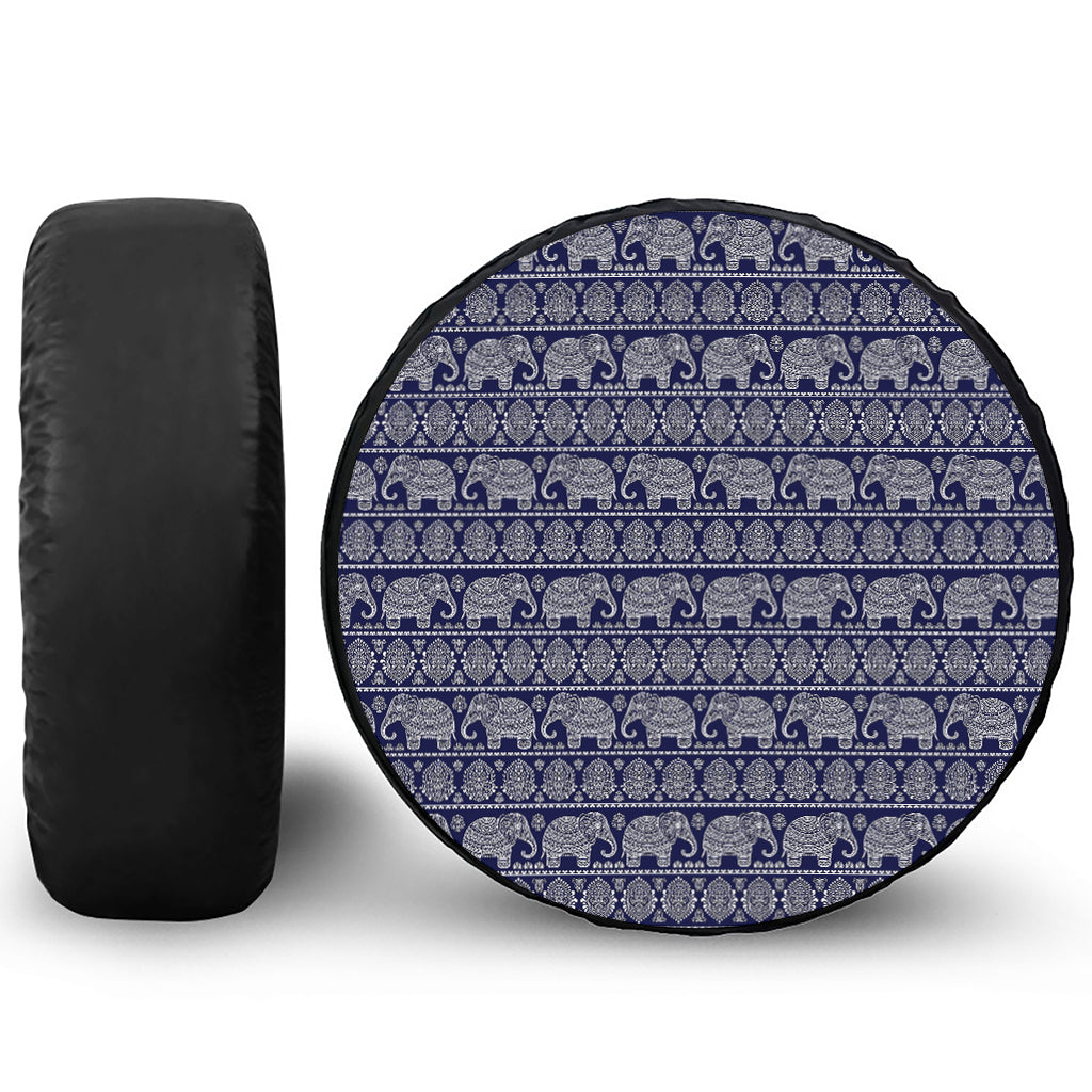 White And Blue Indian Elephant Print Leather Spare Tire Cover