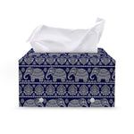 White And Blue Indian Elephant Print Leather Tissue Box Cover