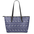White And Blue Indian Elephant Print Leather Tote Bag With Zipper