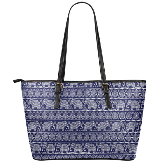 White And Blue Indian Elephant Print Leather Tote Bag