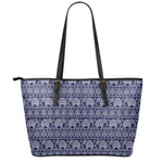 White And Blue Indian Elephant Print Leather Tote Bag