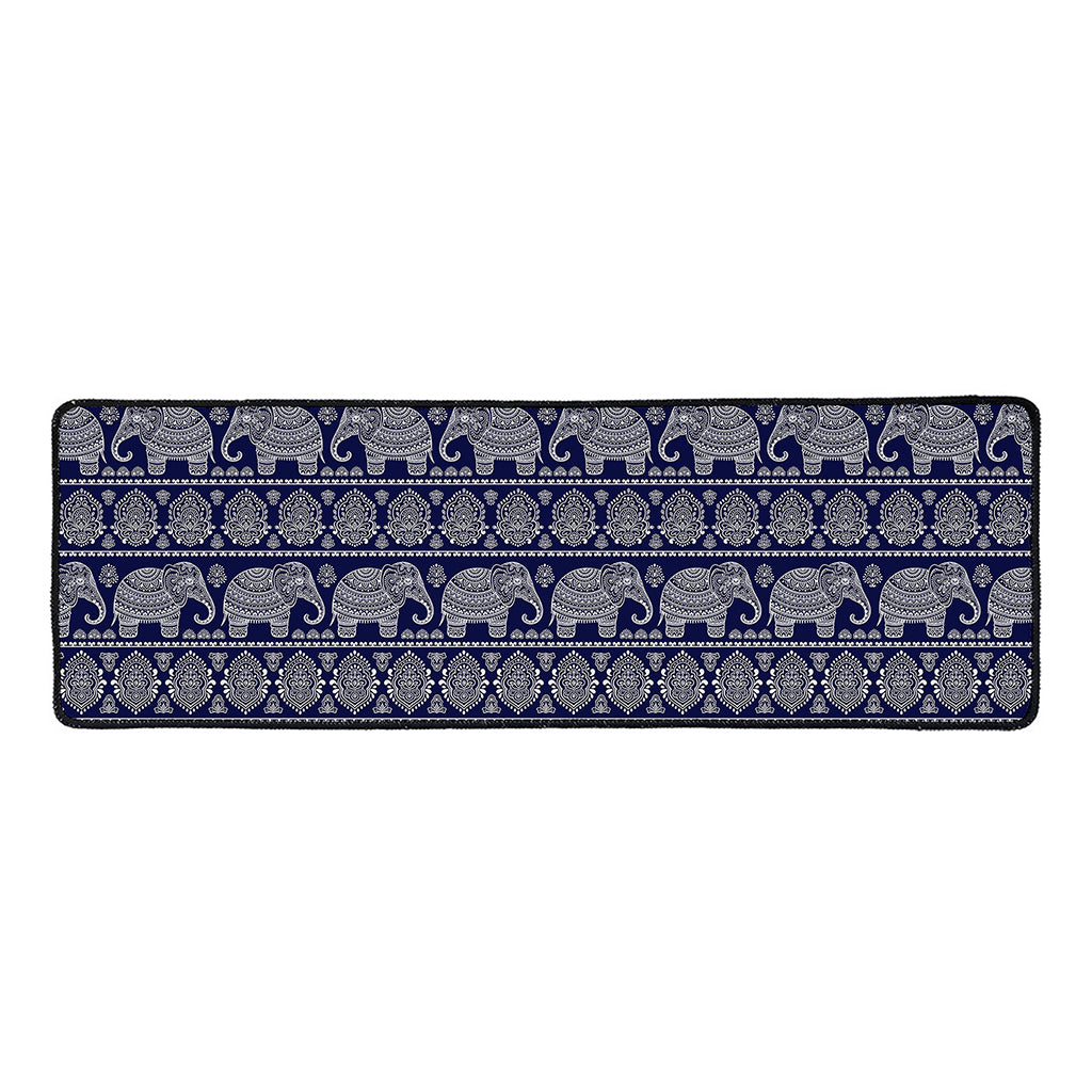 White And Blue Indian Elephant Print Long Kitchen Mat
