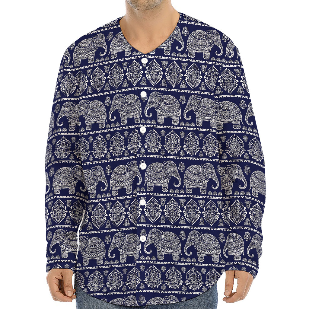 White And Blue Indian Elephant Print Long Sleeve Baseball Jersey