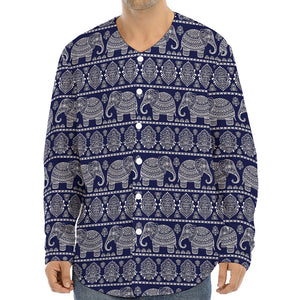 White And Blue Indian Elephant Print Long Sleeve Baseball Jersey