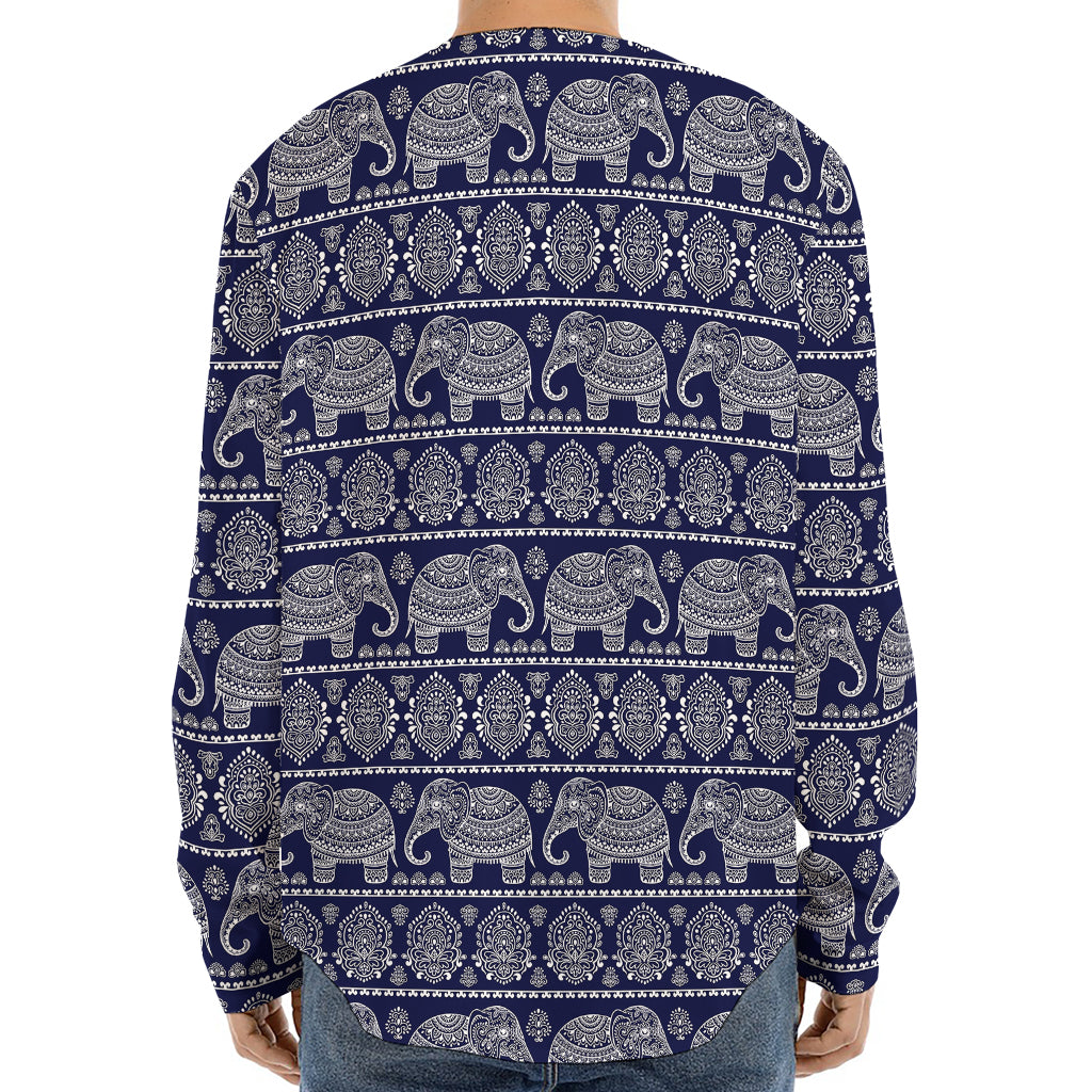 White And Blue Indian Elephant Print Long Sleeve Baseball Jersey