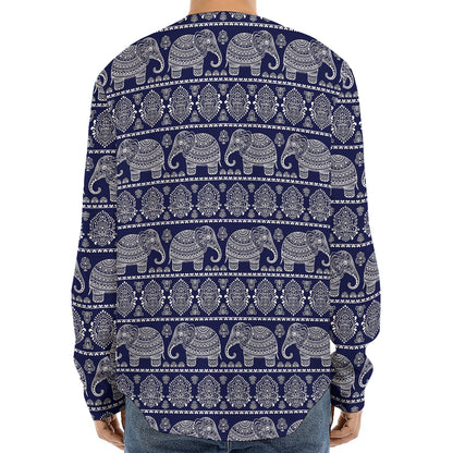 White And Blue Indian Elephant Print Long Sleeve Baseball Jersey