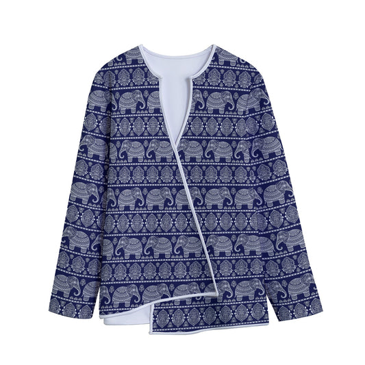 White And Blue Indian Elephant Print Long Sleeve Short Coat