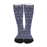 White And Blue Indian Elephant Print Long Socks