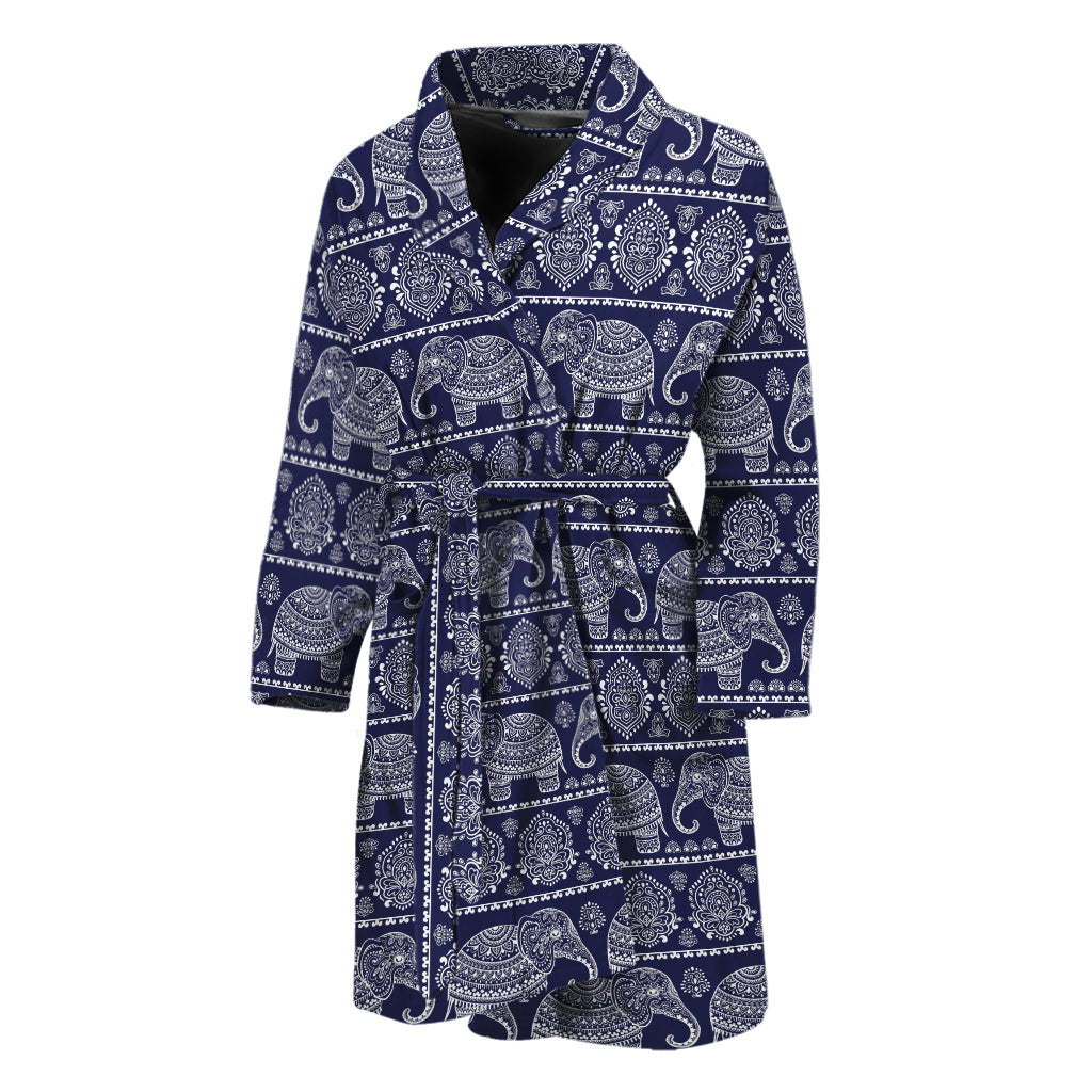 White And Blue Indian Elephant Print Men's Bathrobe