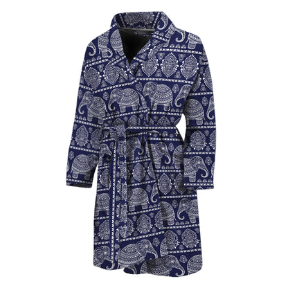 White And Blue Indian Elephant Print Men's Bathrobe