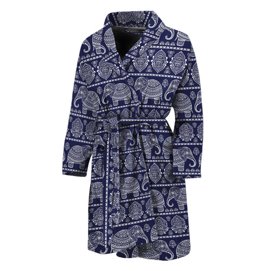 White And Blue Indian Elephant Print Men's Bathrobe