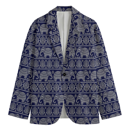 White And Blue Indian Elephant Print Men's Blazer