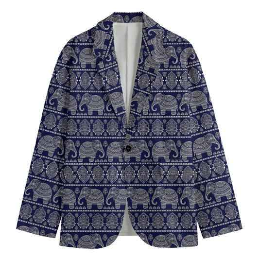 White And Blue Indian Elephant Print Men's Blazer