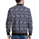 White And Blue Indian Elephant Print Men's Bomber Jacket