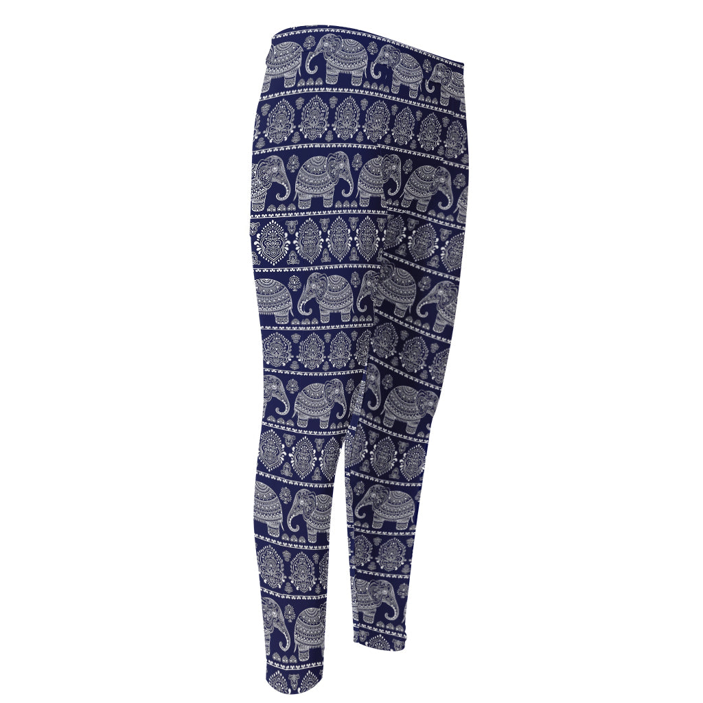 White And Blue Indian Elephant Print Men's Compression Pants