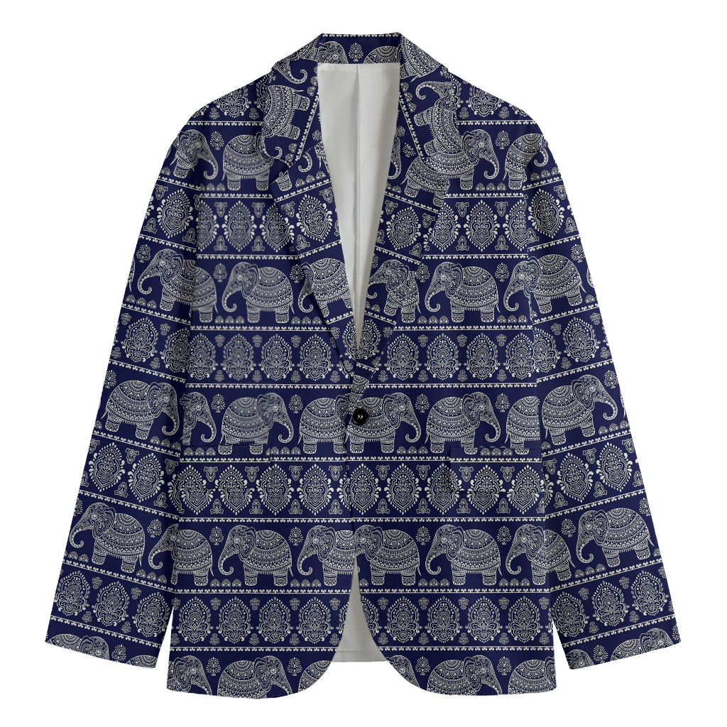 White And Blue Indian Elephant Print Men's Cotton Blazer