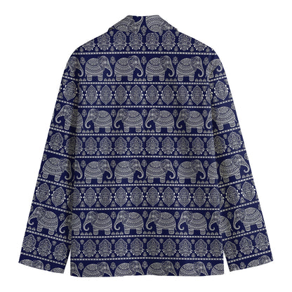 White And Blue Indian Elephant Print Men's Cotton Blazer