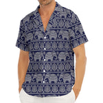 White And Blue Indian Elephant Print Men's Deep V-Neck Shirt