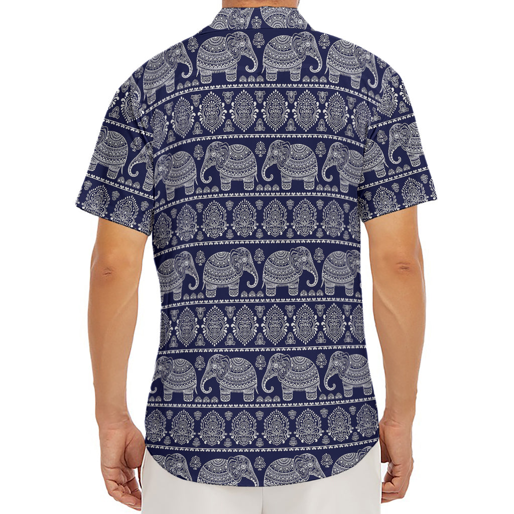 White And Blue Indian Elephant Print Men's Deep V-Neck Shirt