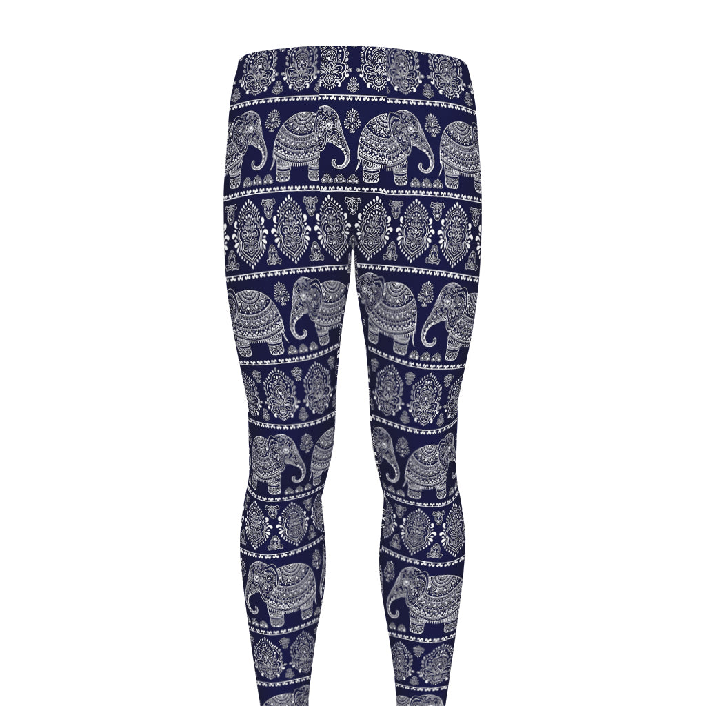 White And Blue Indian Elephant Print Men's leggings