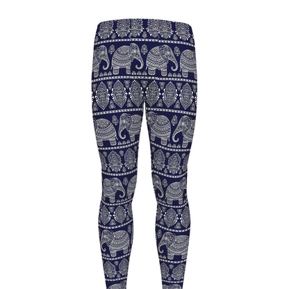 White And Blue Indian Elephant Print Men's leggings