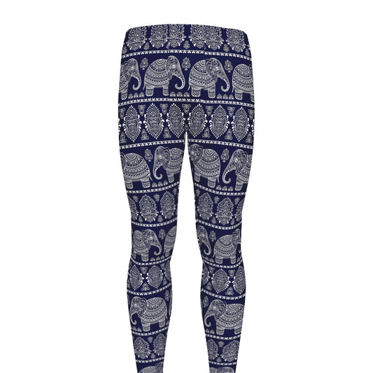 White And Blue Indian Elephant Print Men's leggings