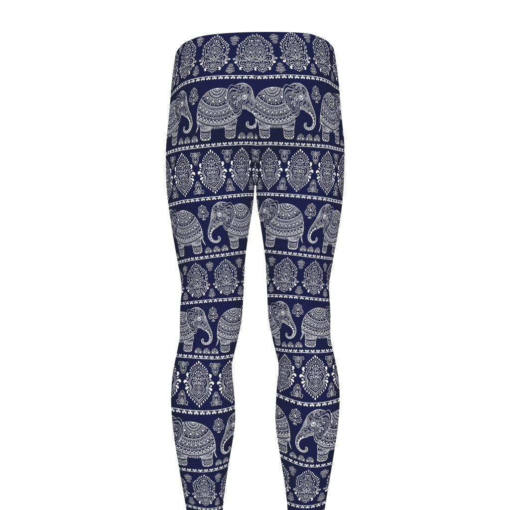 White And Blue Indian Elephant Print Men's leggings