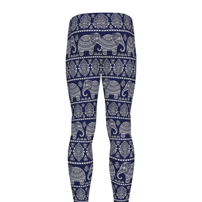 White And Blue Indian Elephant Print Men's leggings