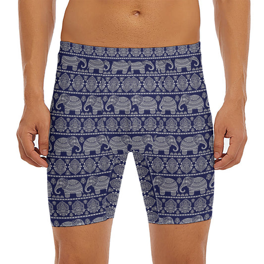 White And Blue Indian Elephant Print Men's Long Boxer Briefs