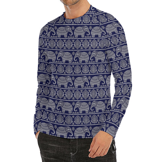 White And Blue Indian Elephant Print Men's Long Sleeve Rash Guard