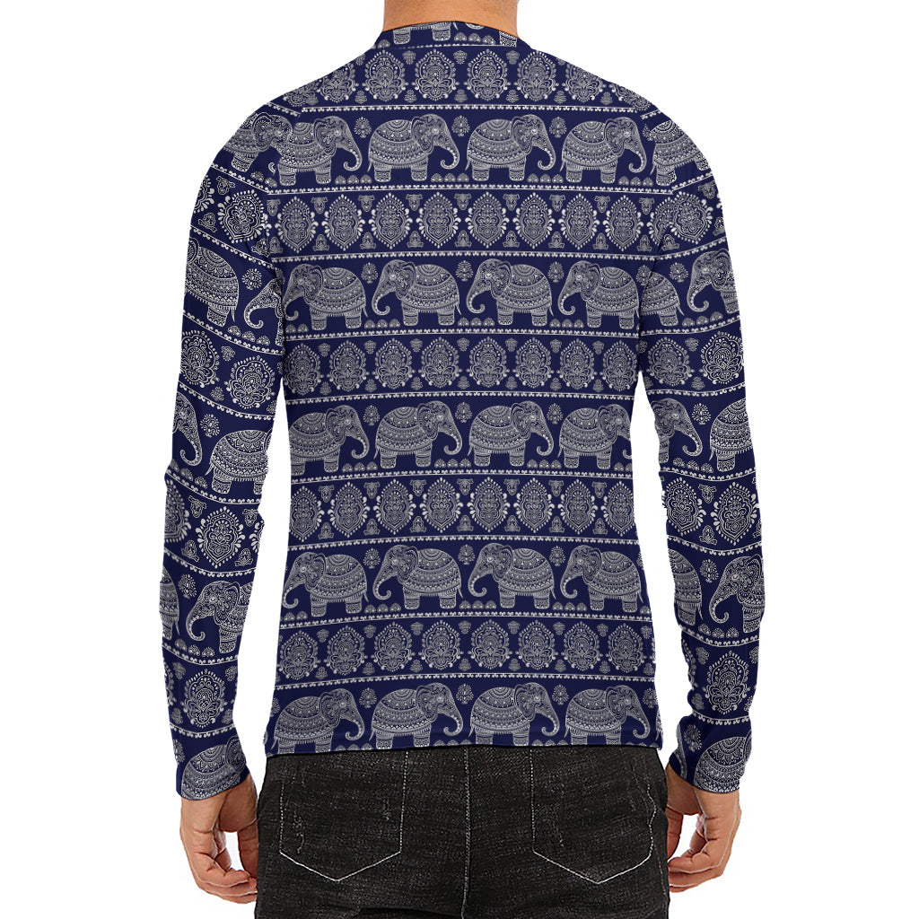 White And Blue Indian Elephant Print Men's Long Sleeve Rash Guard