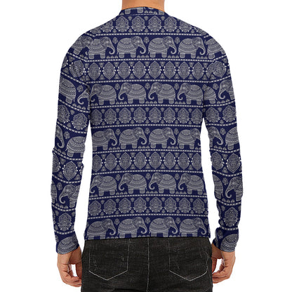 White And Blue Indian Elephant Print Men's Long Sleeve Rash Guard
