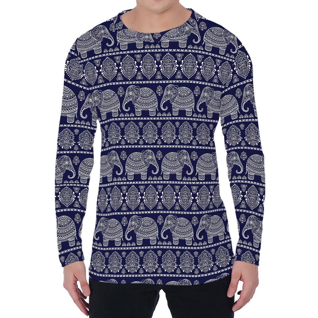 White And Blue Indian Elephant Print Men's Long Sleeve T-Shirt