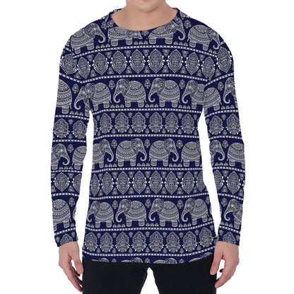 White And Blue Indian Elephant Print Men's Long Sleeve T-Shirt